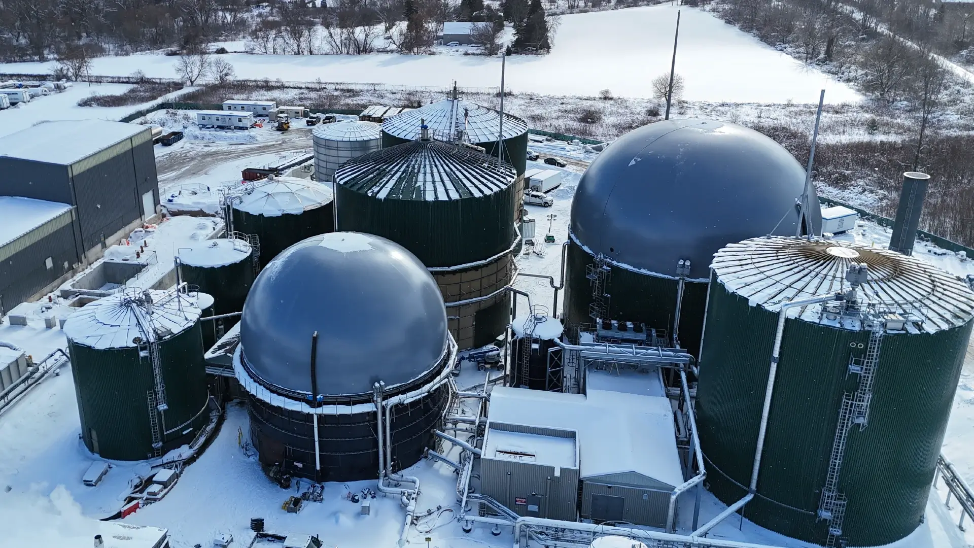 Aerial image of Greatario's biogas digester tank systems