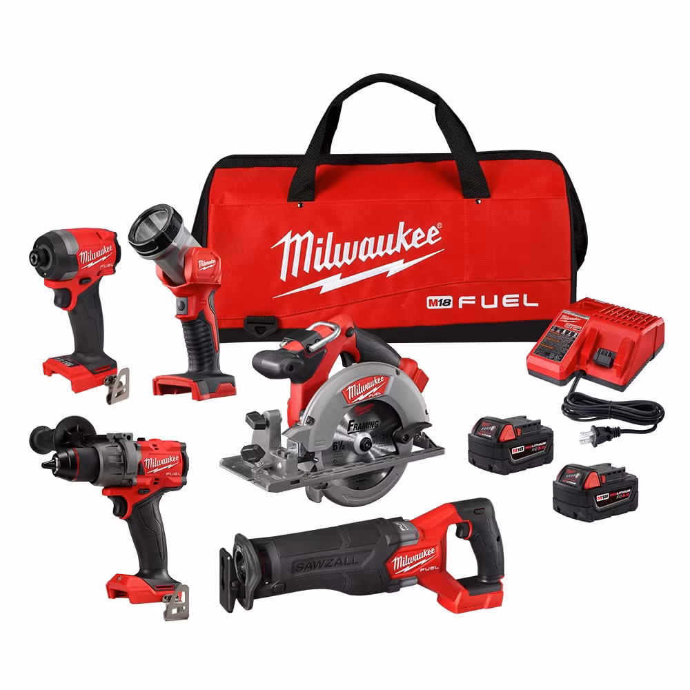 p_1001782651 Milwaukee M18 Fuel cordless tool kit with red carrying bag, drill, impact driver, circular saw, grinder, jigsaw, and batteries.